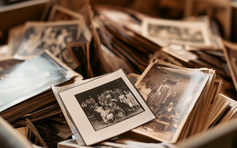 A box crowded with old black-and-white family photographs, none of them labelled.